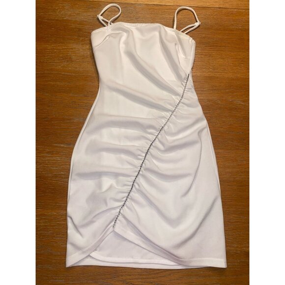 White Ruched Bodycon Mini Dress With Rhinestone Detail - Picture 1 of 5